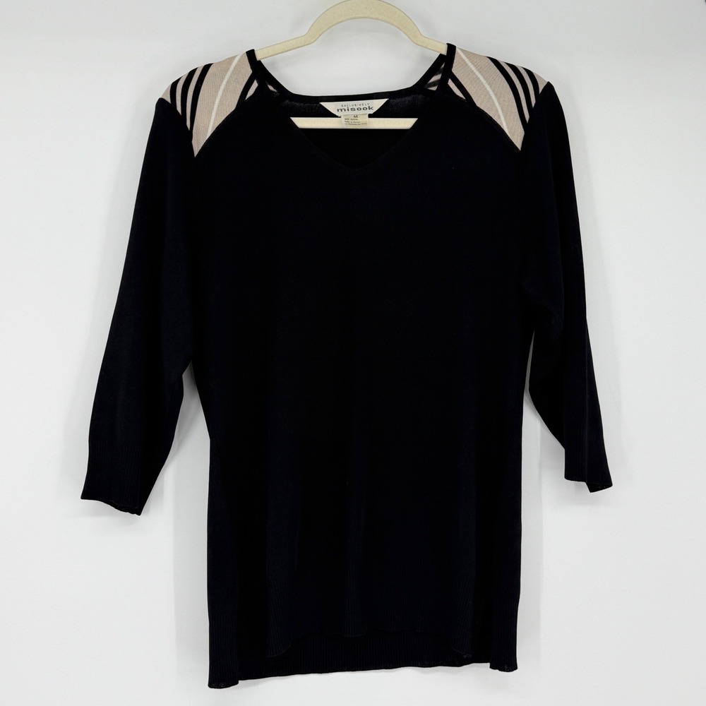 Misook Black V-Neck Knit Top Striped Shoulder Accent 3/4 Sleeve Size Medium